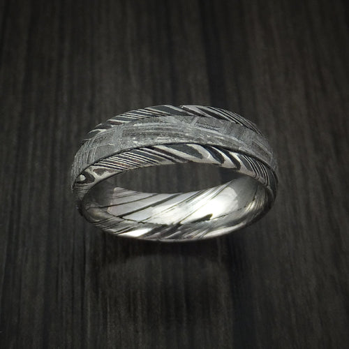 Sterling IX - Woodgrain Kuro Damascus Steel and Gibeon Meteorite Men's Wedding Ring Band - view 2 - Nura Lab
