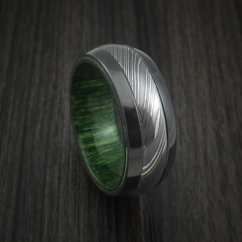 Highland X - Black Zirconium and Damascus Steel Men's Wedding Ring with Jade Wood Hardwood Interior Sleeve - Nura Lab