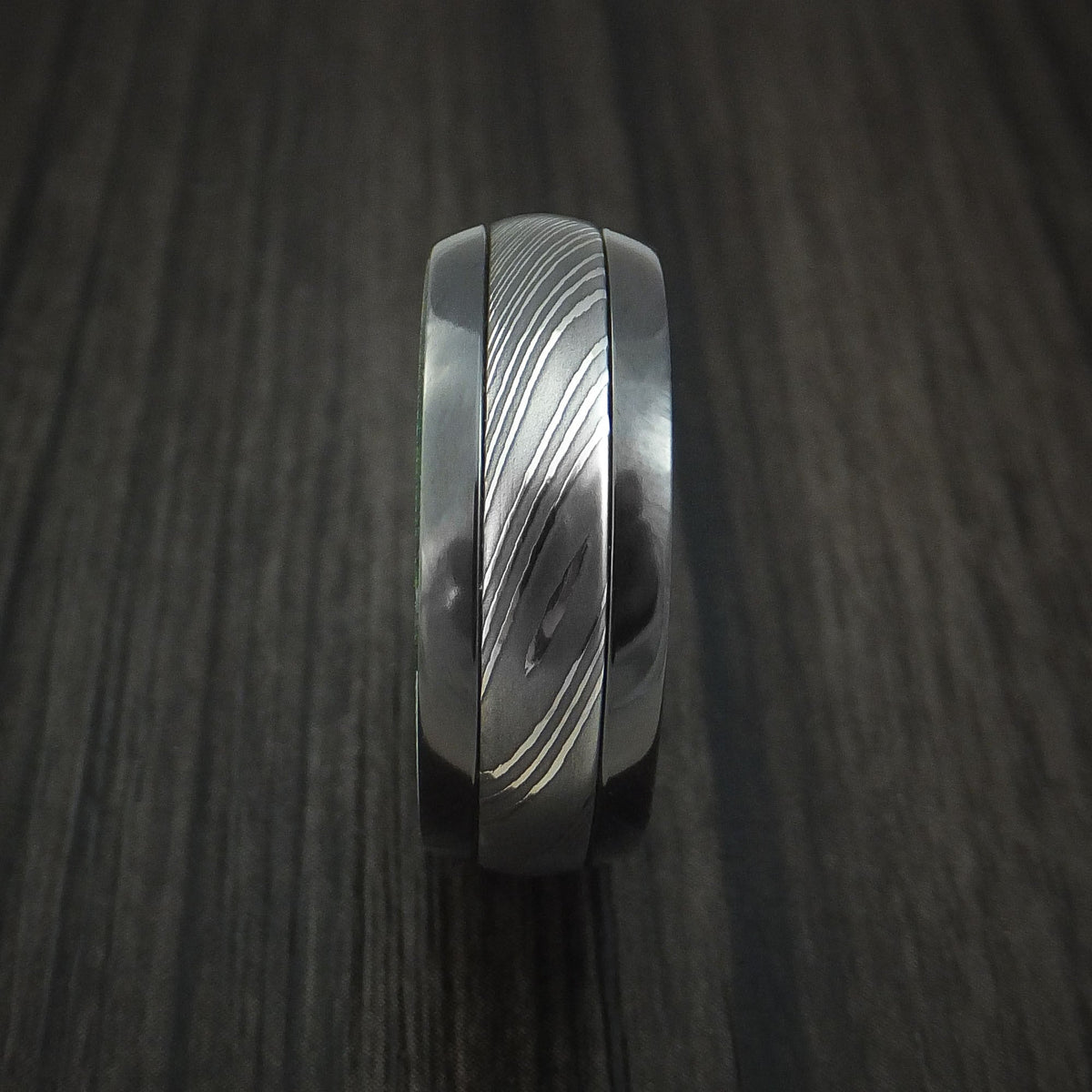 Highland X - Black Zirconium and Damascus Steel Men's Wedding Ring with Jade Wood Hardwood Interior Sleeve - view 3 - Nura Lab