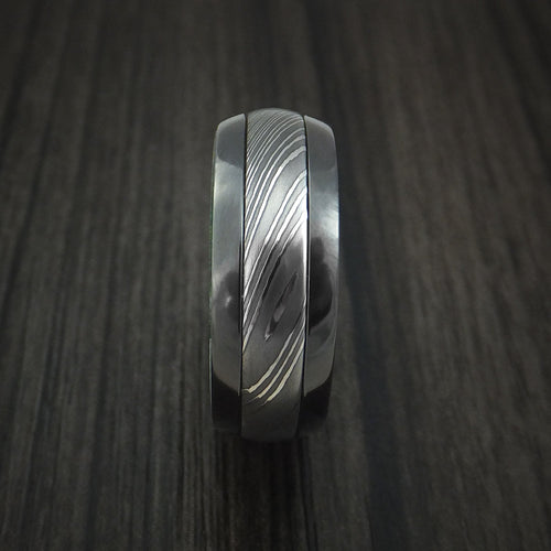 Highland X - Black Zirconium and Damascus Steel Men's Wedding Ring with Jade Wood Hardwood Interior Sleeve - view 3 - Nura Lab