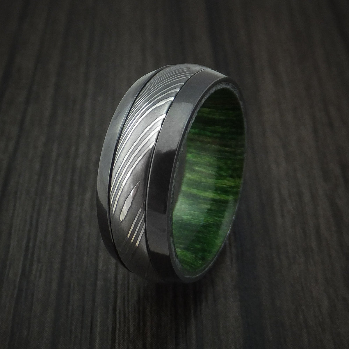 Highland X - Black Zirconium and Damascus Steel Men's Wedding Ring with Jade Wood Hardwood Interior Sleeve - view 4 - Nura Lab
