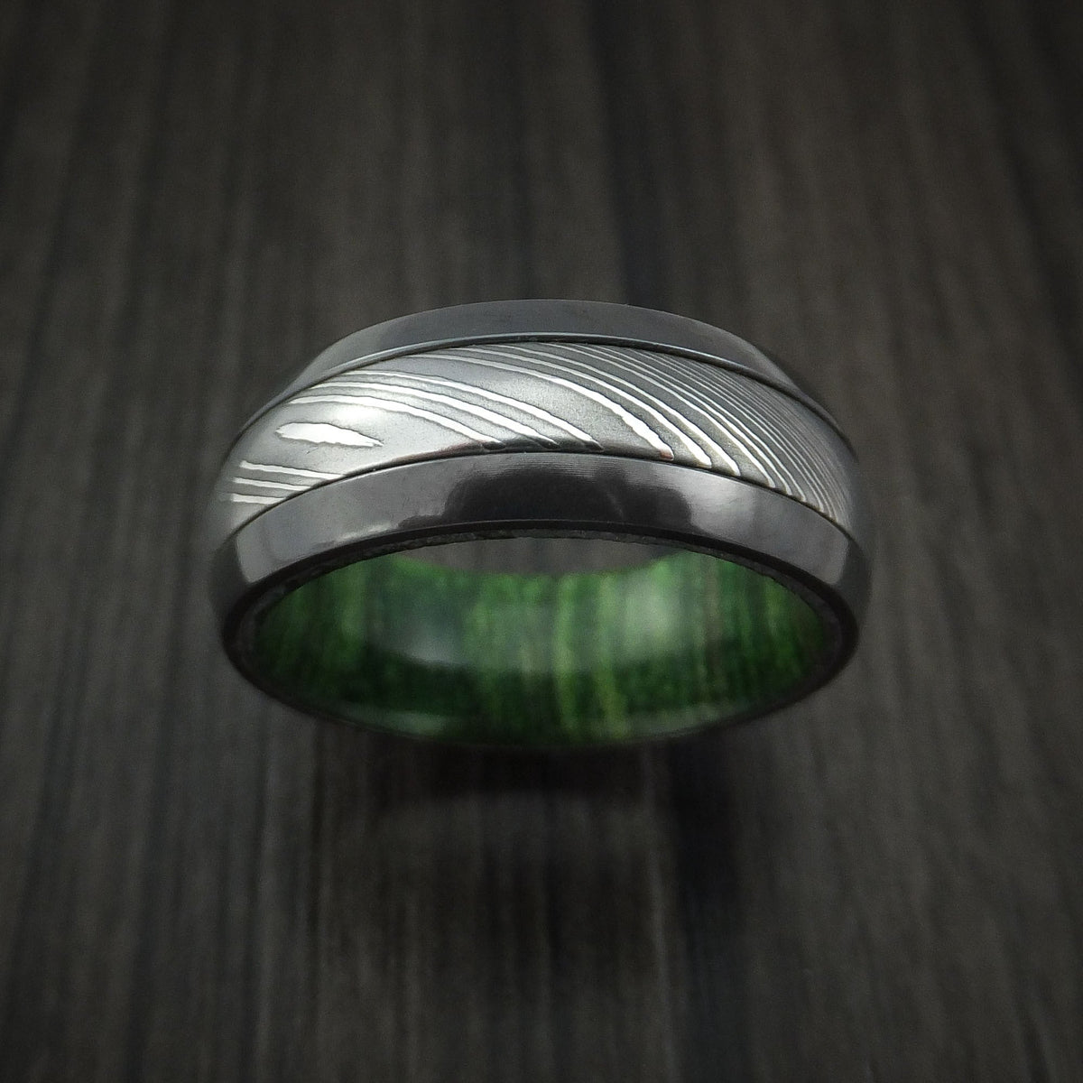 Highland X - Black Zirconium and Damascus Steel Men's Wedding Ring with Jade Wood Hardwood Interior Sleeve - view 2 - Nura Lab