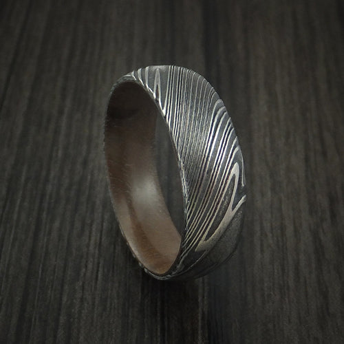 Wolf X - Woodgrain Kuro Damascus Steel Men's Wedding Ring with Walnut Hardwood Sleeve Wood Band - Nura Lab