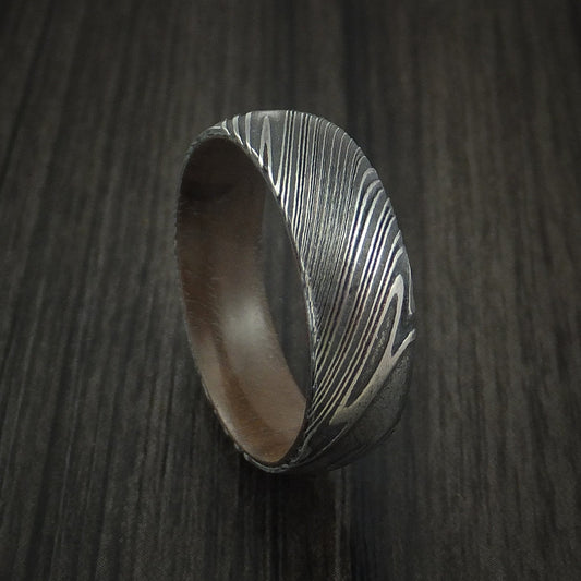 Wolf X - Woodgrain Kuro Damascus Steel Men's Wedding Ring with Walnut Hardwood Sleeve Wood Band - Nura Lab