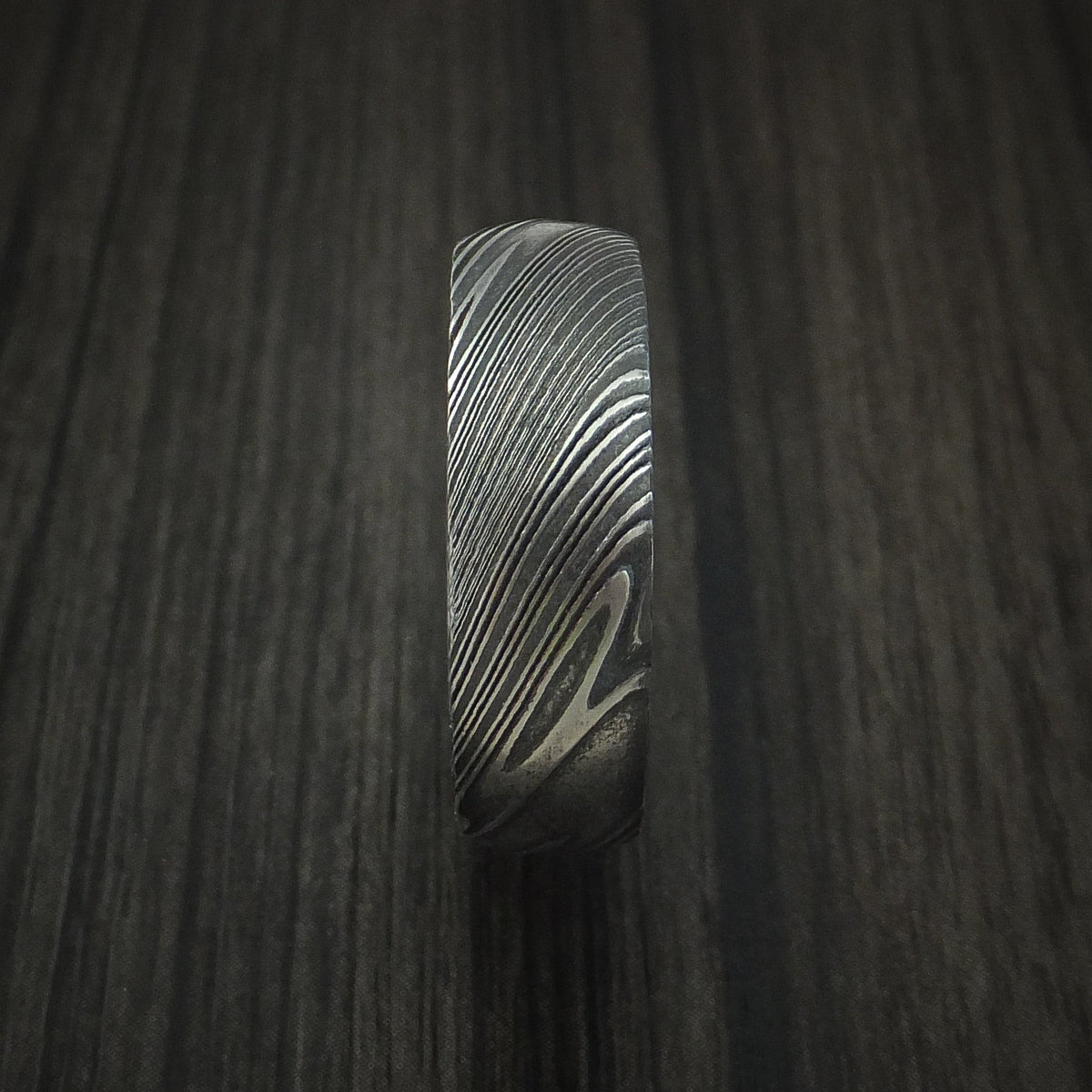 Wolf X - Woodgrain Kuro Damascus Steel Men's Wedding Ring with Walnut Hardwood Sleeve Wood Band - view 3 - Nura Lab