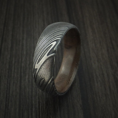 Wolf X - Woodgrain Kuro Damascus Steel Men's Wedding Ring with Walnut Hardwood Sleeve Wood Band - view 4 - Nura Lab