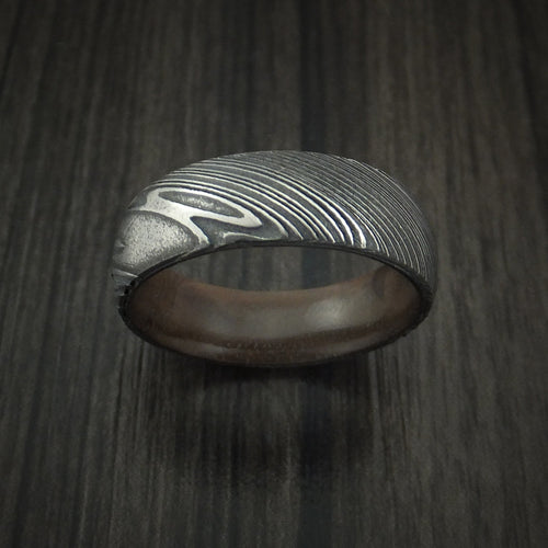 Wolf X - Woodgrain Kuro Damascus Steel Men's Wedding Ring with Walnut Hardwood Sleeve Wood Band - view 2 - Nura Lab