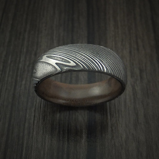 Wolf X - Woodgrain Kuro Damascus Steel Men's Wedding Ring with Walnut Hardwood Sleeve Wood Band - view 2 - Nura Lab