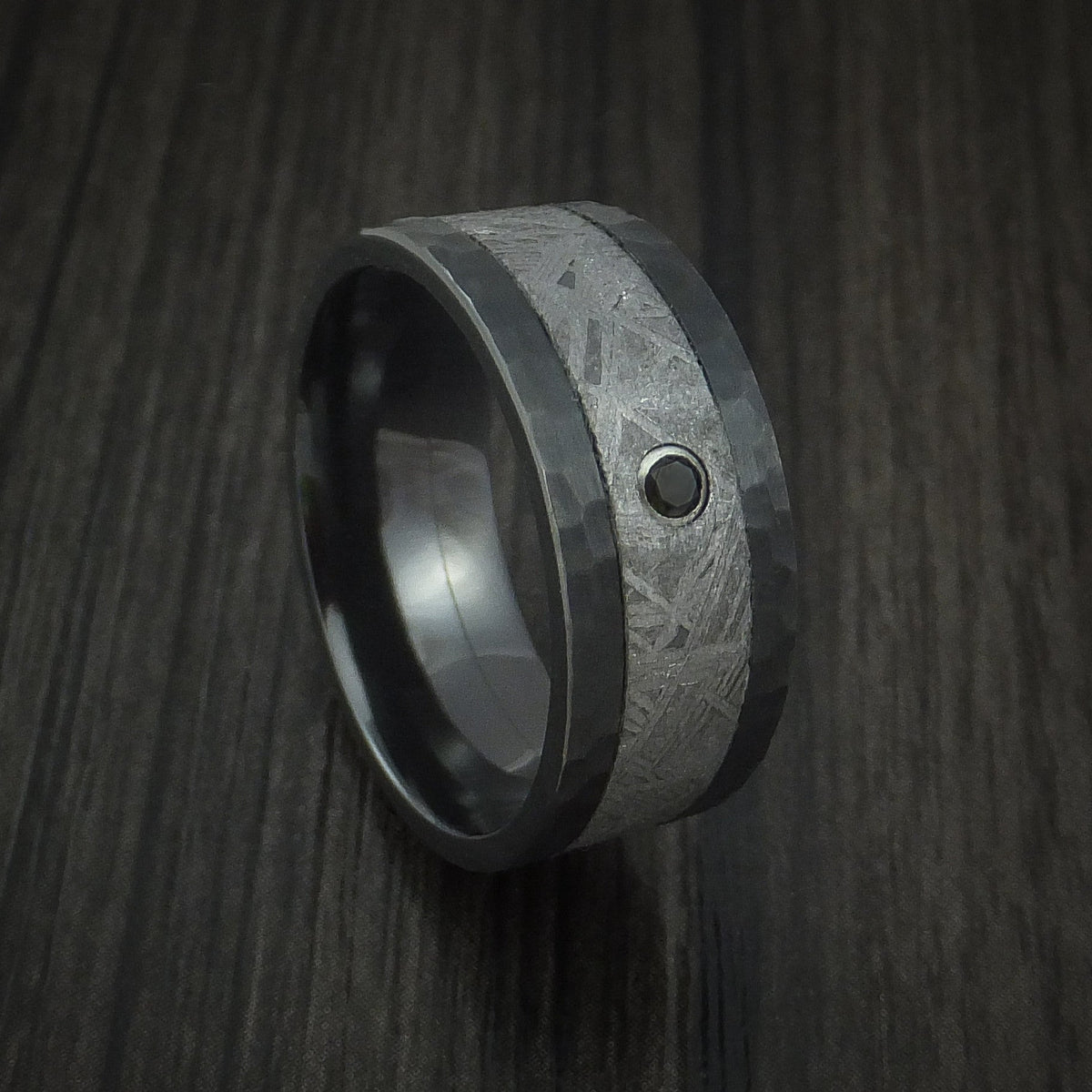 Phoenix XVII - Black Zirconium Hammered Men's Wedding Ring with Gibeon Meteorite and Black Diamond Band - Nura Lab