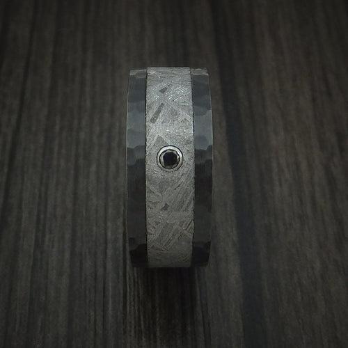 Phoenix XVII - Black Zirconium Hammered Men's Wedding Ring with Gibeon Meteorite and Black Diamond Band - view 3 - Nura Lab