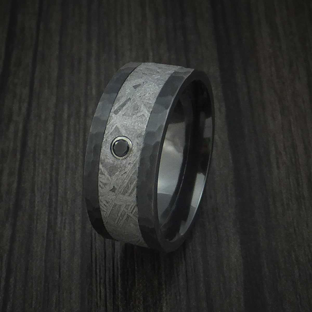 Phoenix XVII - Black Zirconium Hammered Men's Wedding Ring with Gibeon Meteorite and Black Diamond Band - view 4 - Nura Lab