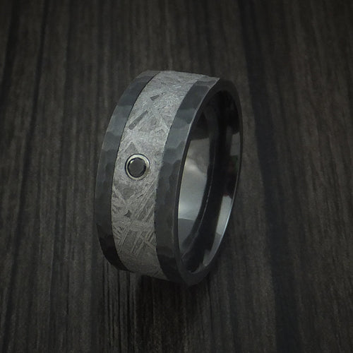 Phoenix XVII - Black Zirconium Hammered Men's Wedding Ring with Gibeon Meteorite and Black Diamond Band - view 4 - Nura Lab