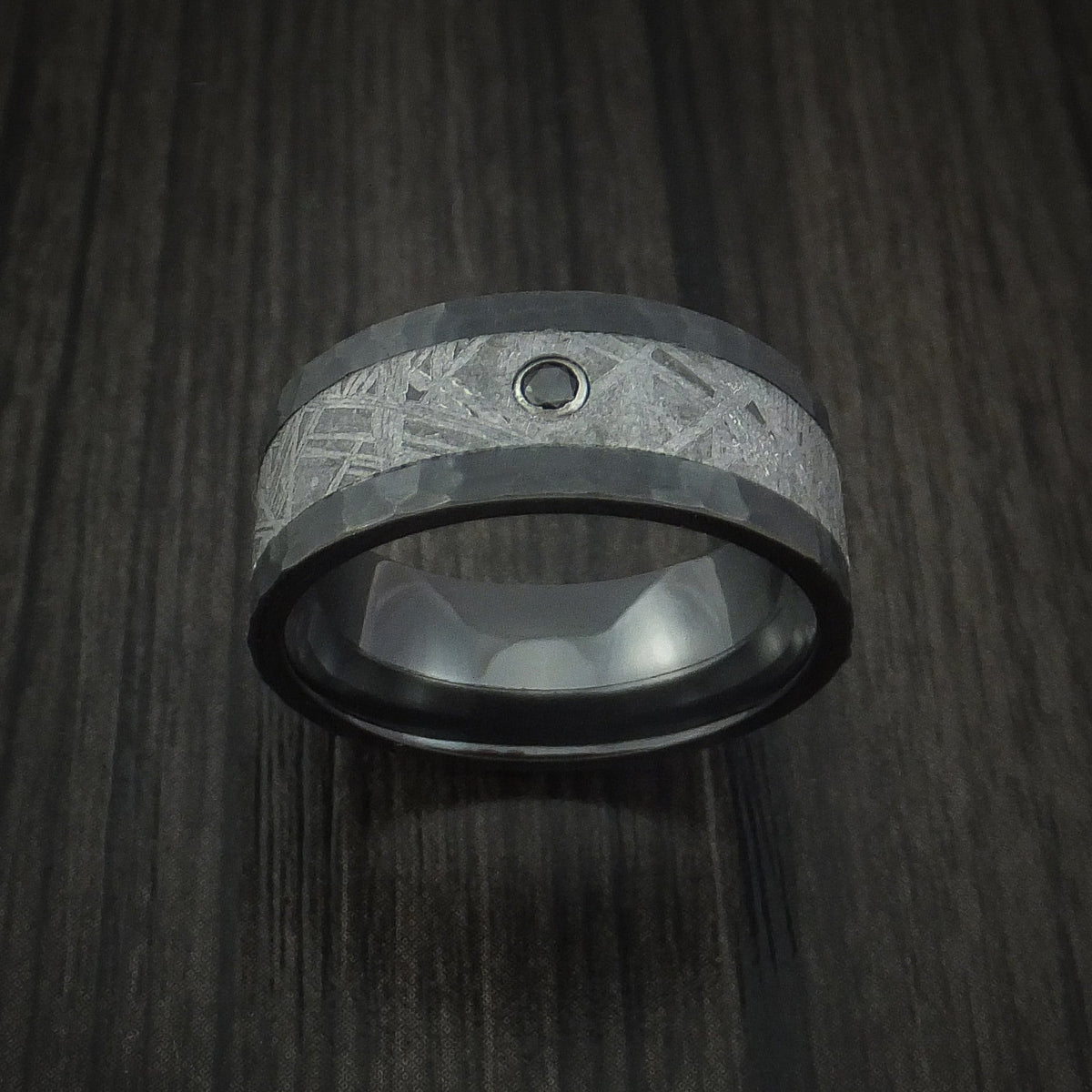 Phoenix XVII - Black Zirconium Hammered Men's Wedding Ring with Gibeon Meteorite and Black Diamond Band - view 2 - Nura Lab