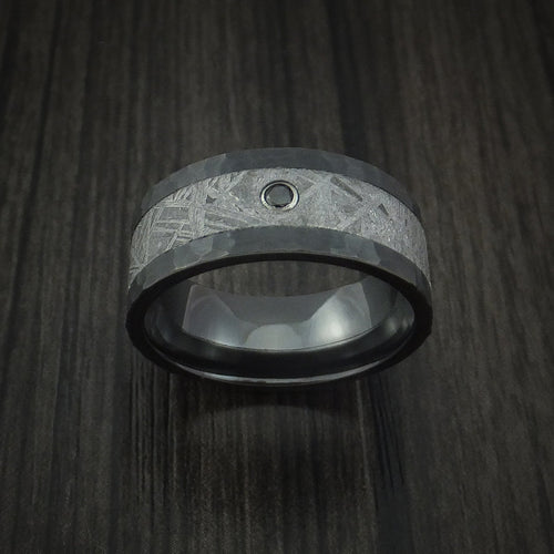 Phoenix XVII - Black Zirconium Hammered Men's Wedding Ring with Gibeon Meteorite and Black Diamond Band - view 2 - Nura Lab