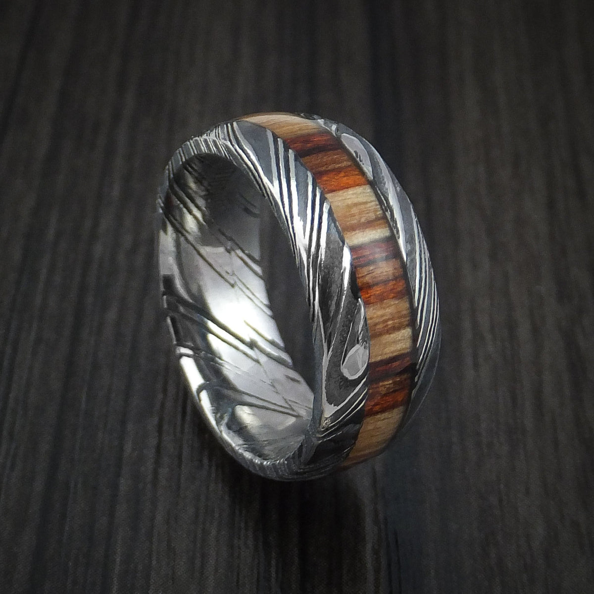 Forge XI - Woodgrain Kuro Damascus Steel Men's Wedding Ring with Hazelnut Hardwood Inlay Band - Nura Lab