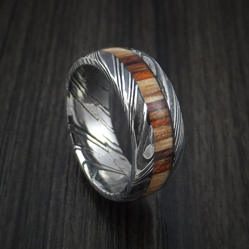 Forge XI - Woodgrain Kuro Damascus Steel Men's Wedding Ring with Hazelnut Hardwood Inlay Band - Nura Lab