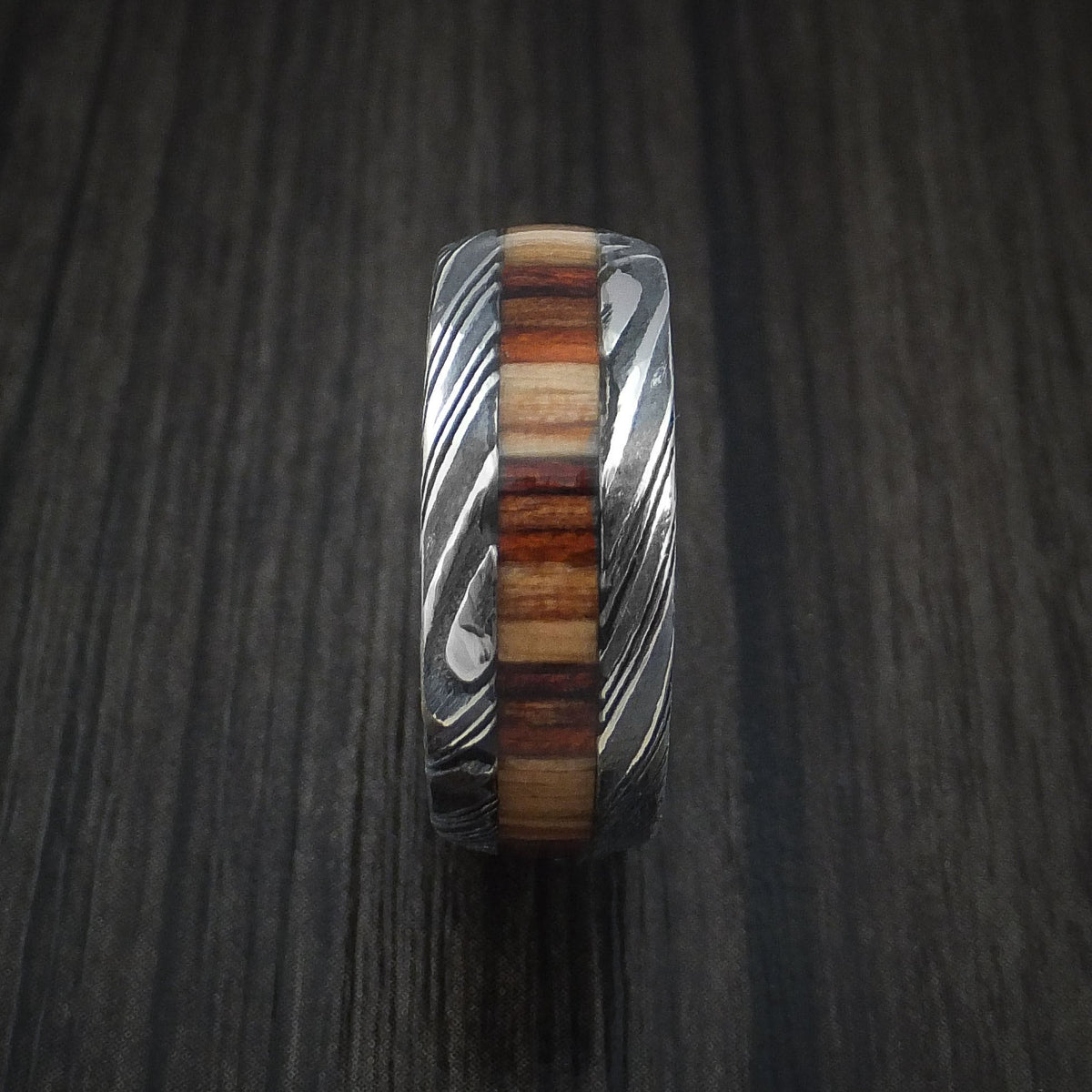 Forge XI - Woodgrain Kuro Damascus Steel Men's Wedding Ring with Hazelnut Hardwood Inlay Band - view 3 - Nura Lab