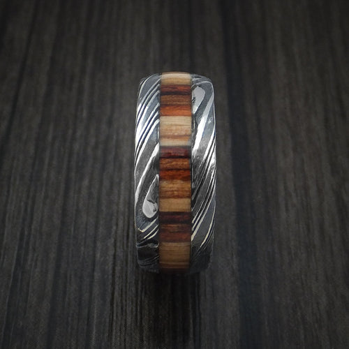 Forge XI - Woodgrain Kuro Damascus Steel Men's Wedding Ring with Hazelnut Hardwood Inlay Band - view 3 - Nura Lab