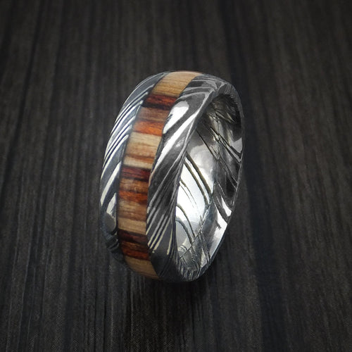 Forge XI - Woodgrain Kuro Damascus Steel Men's Wedding Ring with Hazelnut Hardwood Inlay Band - view 4 - Nura Lab