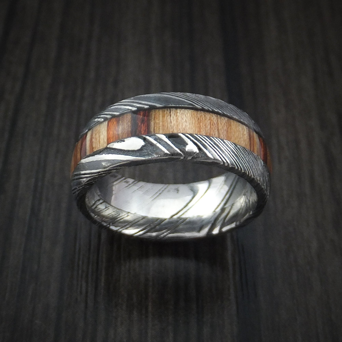 Forge XI - Woodgrain Kuro Damascus Steel Men's Wedding Ring with Hazelnut Hardwood Inlay Band - view 2 - Nura Lab