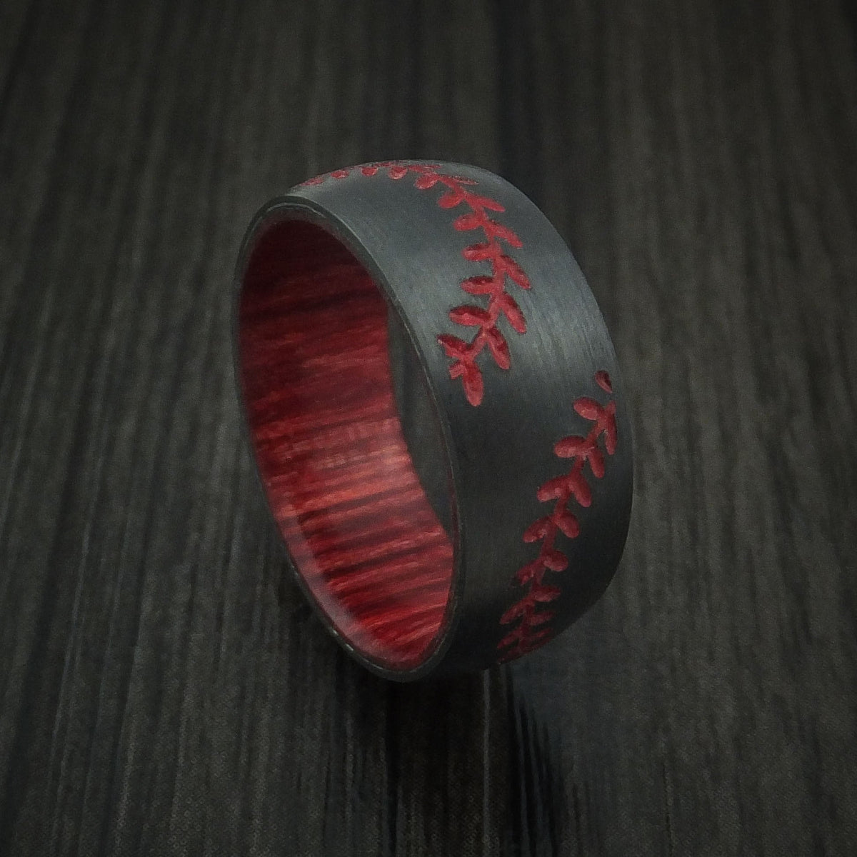 Summit XIII - Black Zirconium Double Stitch Baseball Men's Wedding Ring with Custom Color and Hardwood Sleeve - Nura Lab
