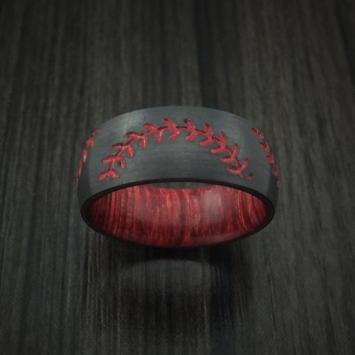 Summit XIII - Black Zirconium Double Stitch Baseball Men's Wedding Ring with Custom Color and Hardwood Sleeve - view 2 - Nura Lab