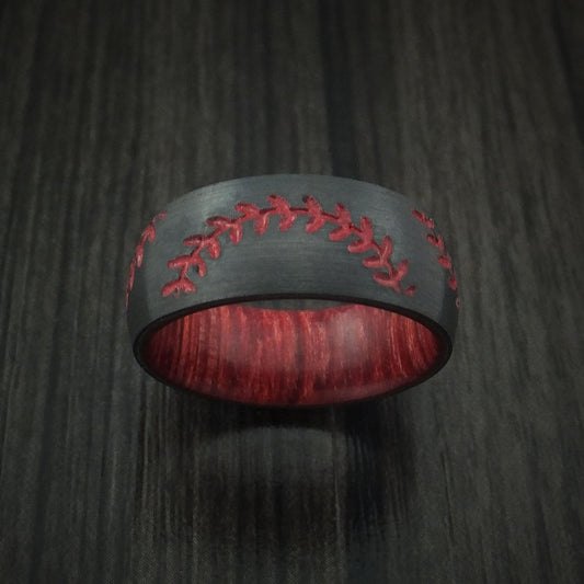 Summit XIII - Black Zirconium Double Stitch Baseball Men's Wedding Ring with Custom Color and Hardwood Sleeve - view 2 - Nura Lab