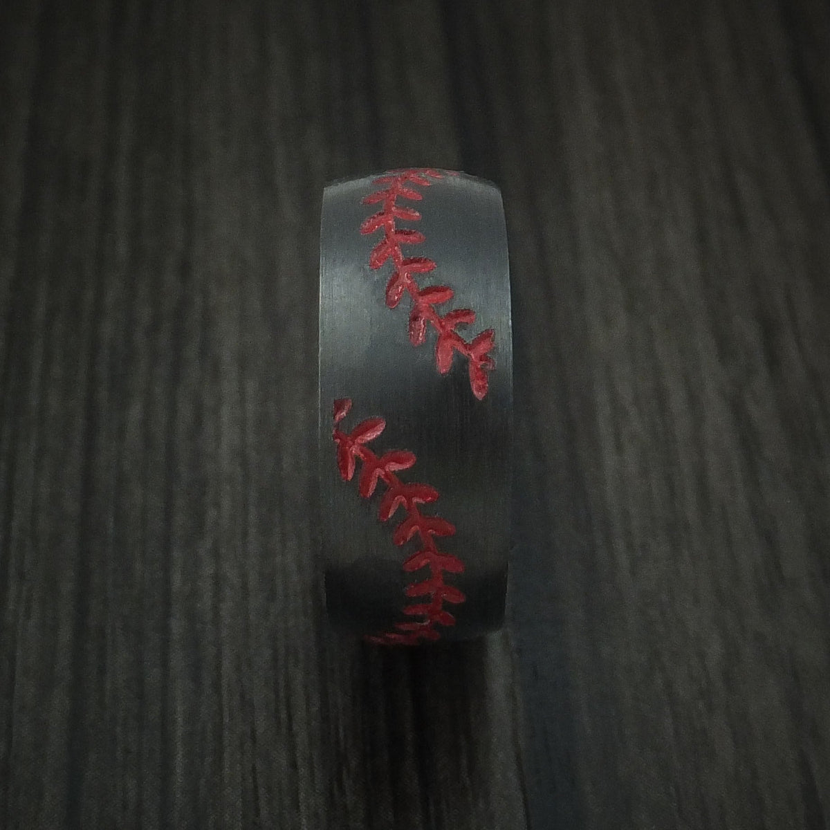 Summit XIII - Black Zirconium Double Stitch Baseball Men's Wedding Ring with Custom Color and Hardwood Sleeve - view 3 - Nura Lab