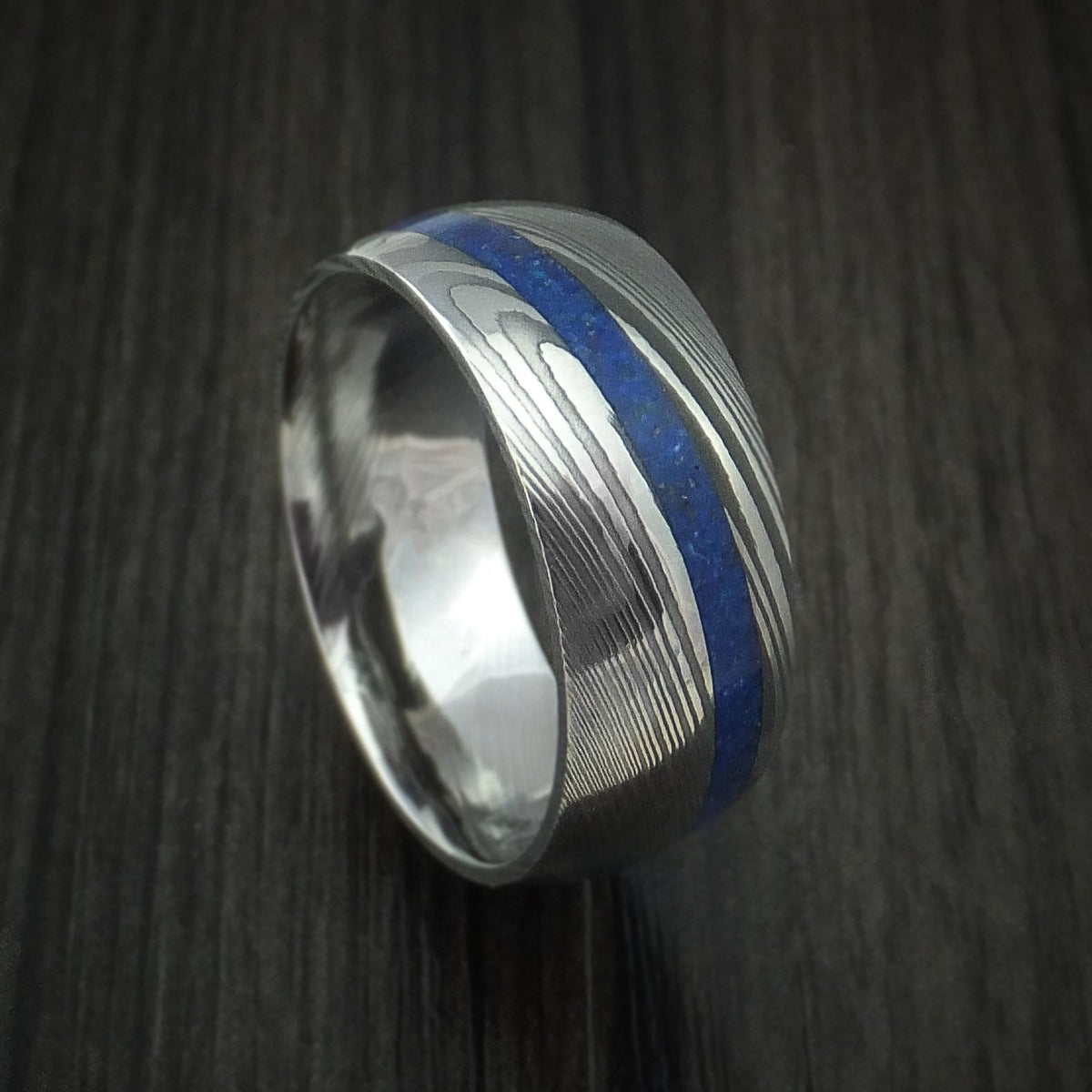 Achilles IX - Damascus Steel Men's Wedding Ring with Angled Lapis Inlay Band - Nura Lab