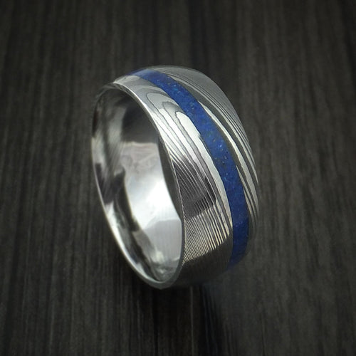 Achilles IX - Damascus Steel Men's Wedding Ring with Angled Lapis Inlay Band - Nura Lab