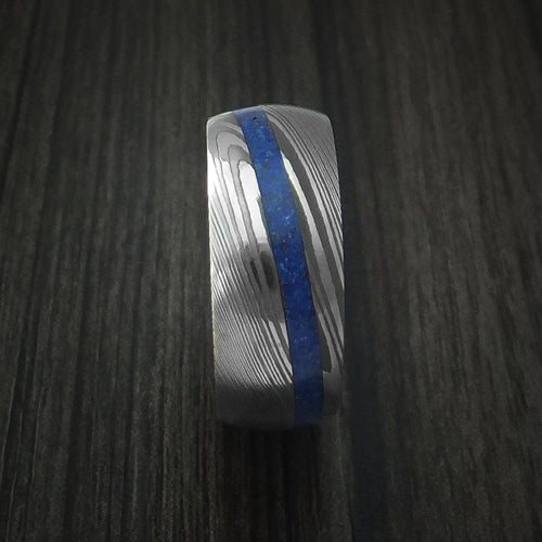 Achilles IX - Damascus Steel Men's Wedding Ring with Angled Lapis Inlay Band - view 2 - Nura Lab
