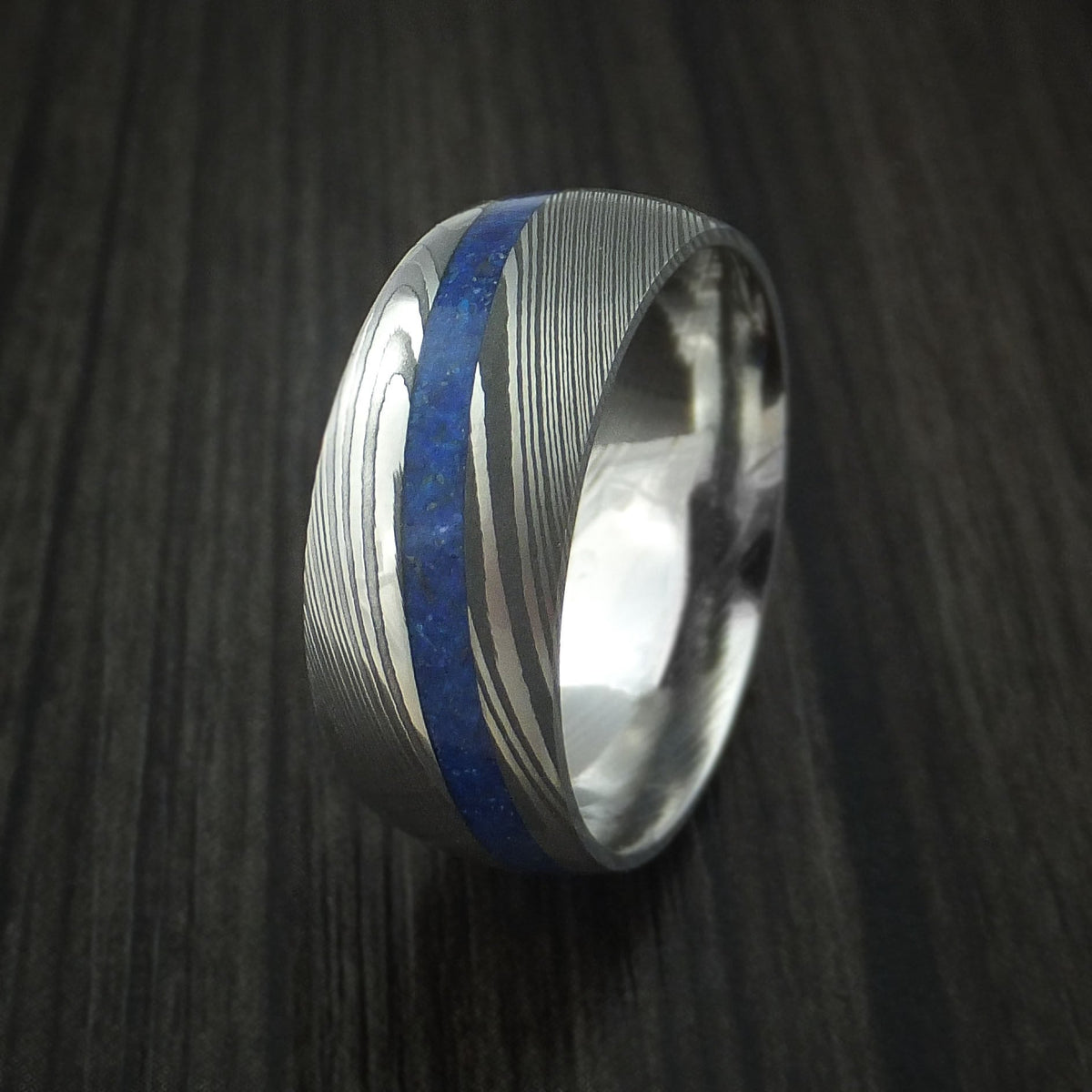 Achilles IX - Damascus Steel Men's Wedding Ring with Angled Lapis Inlay Band - view 3 - Nura Lab