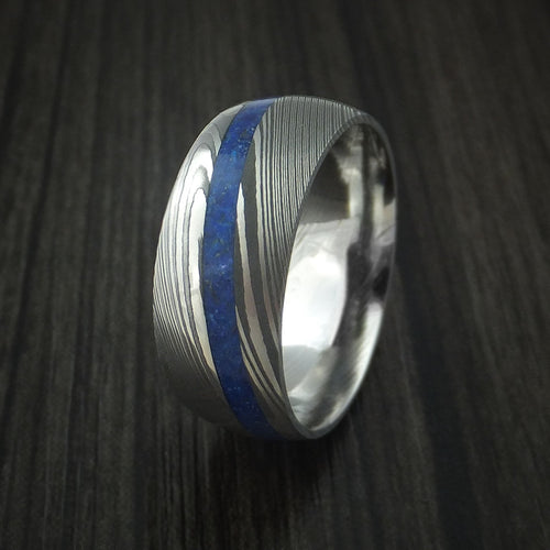 Achilles IX - Damascus Steel Men's Wedding Ring with Angled Lapis Inlay Band - view 3 - Nura Lab