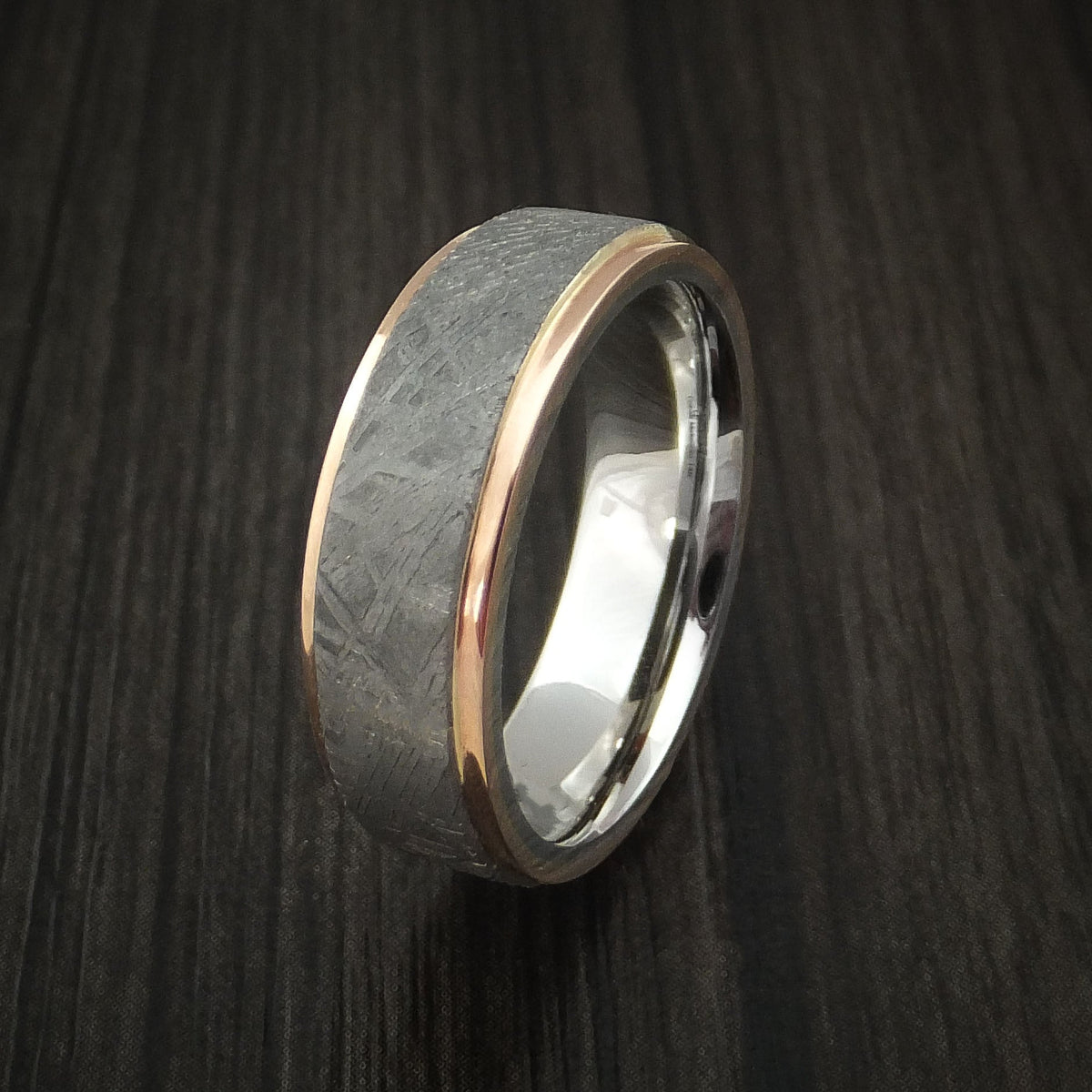 Duke XVII - Cobalt Chrome and Gibeon Meteorite Men's Wedding Ring with 14k Rose Gold Band - view 4 - Nura Lab