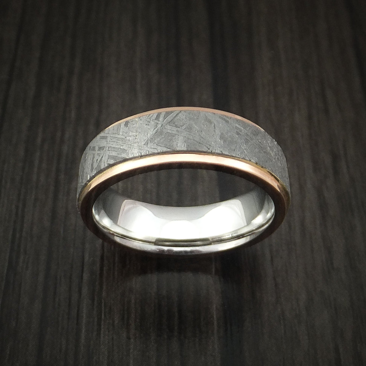 Duke XVII - Cobalt Chrome and Gibeon Meteorite Men's Wedding Ring with 14k Rose Gold Band - view 2 - Nura Lab