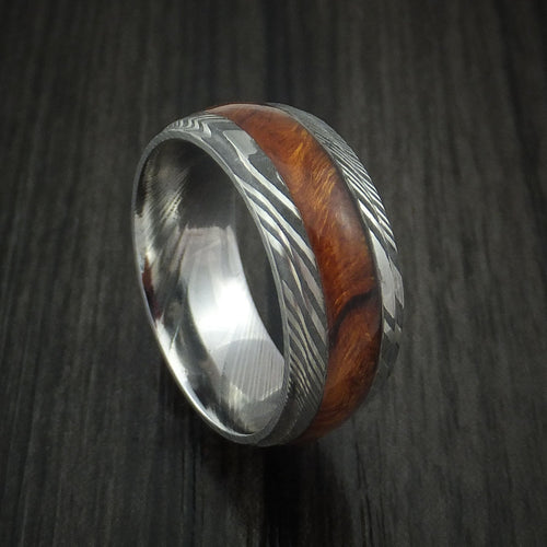 Aoraki XI - Damascus Steel Band with Desert Ironwood Burl Hardwood Inlay Men's Wedding Ring - Nura Lab