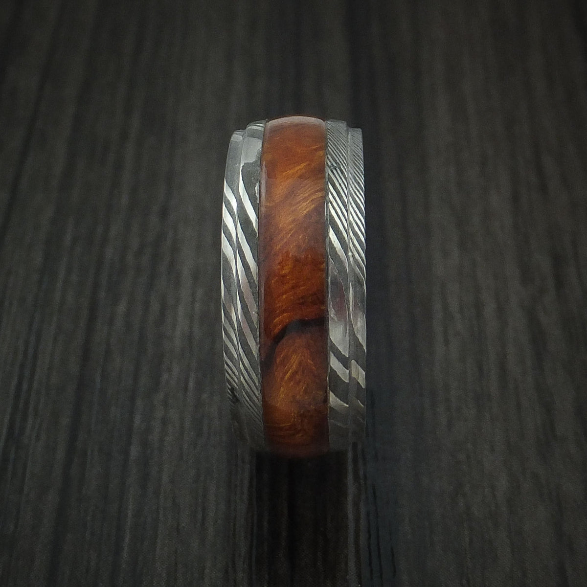 Aoraki XI - Damascus Steel Band with Desert Ironwood Burl Hardwood Inlay Men's Wedding Ring - view 3 - Nura Lab