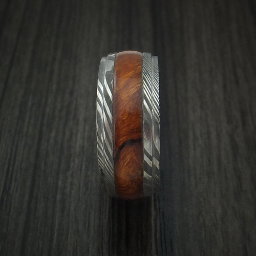 Aoraki XI - Damascus Steel Band with Desert Ironwood Burl Hardwood Inlay Men's Wedding Ring - view 3 - Nura Lab