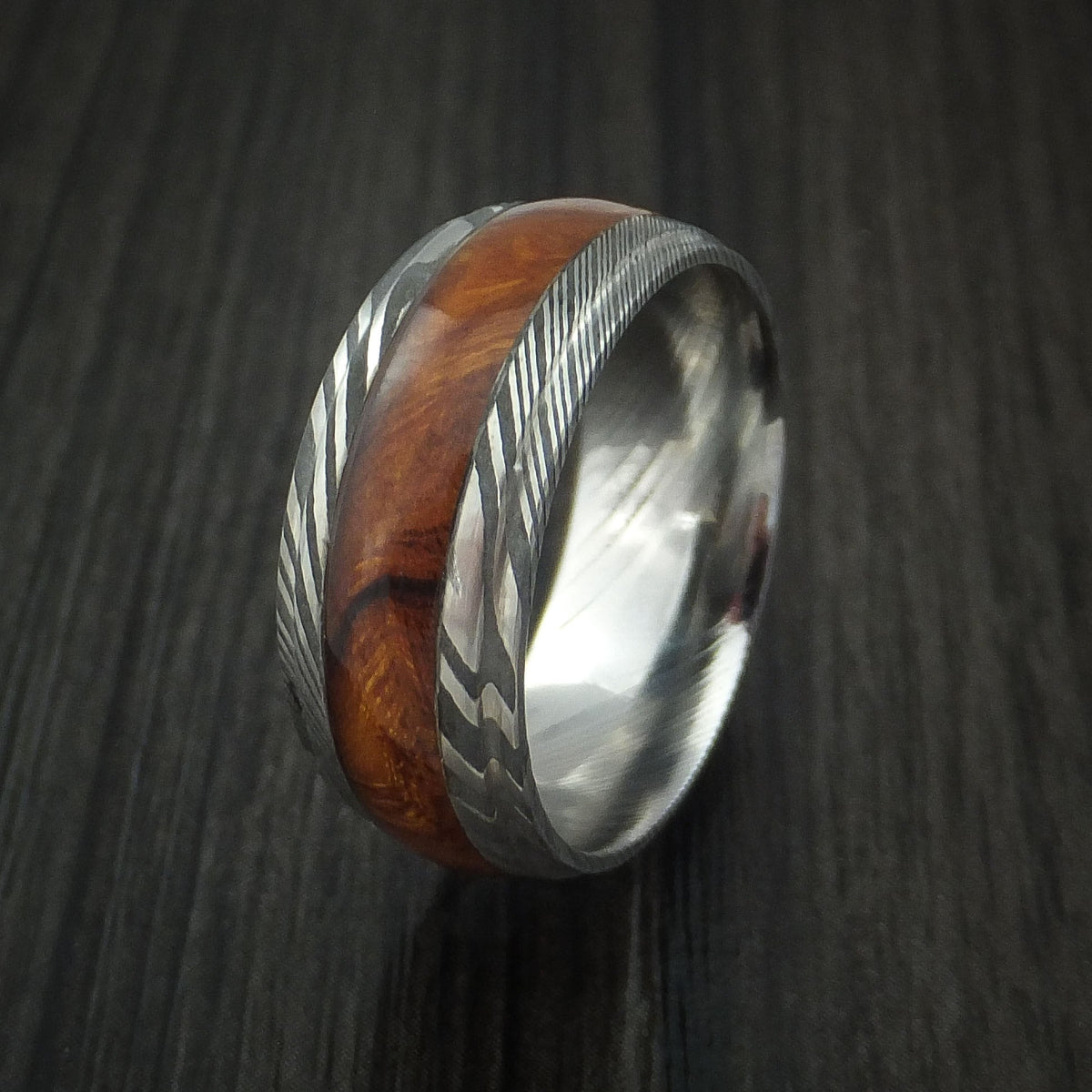 Aoraki XI - Damascus Steel Band with Desert Ironwood Burl Hardwood Inlay Men's Wedding Ring - view 4 - Nura Lab