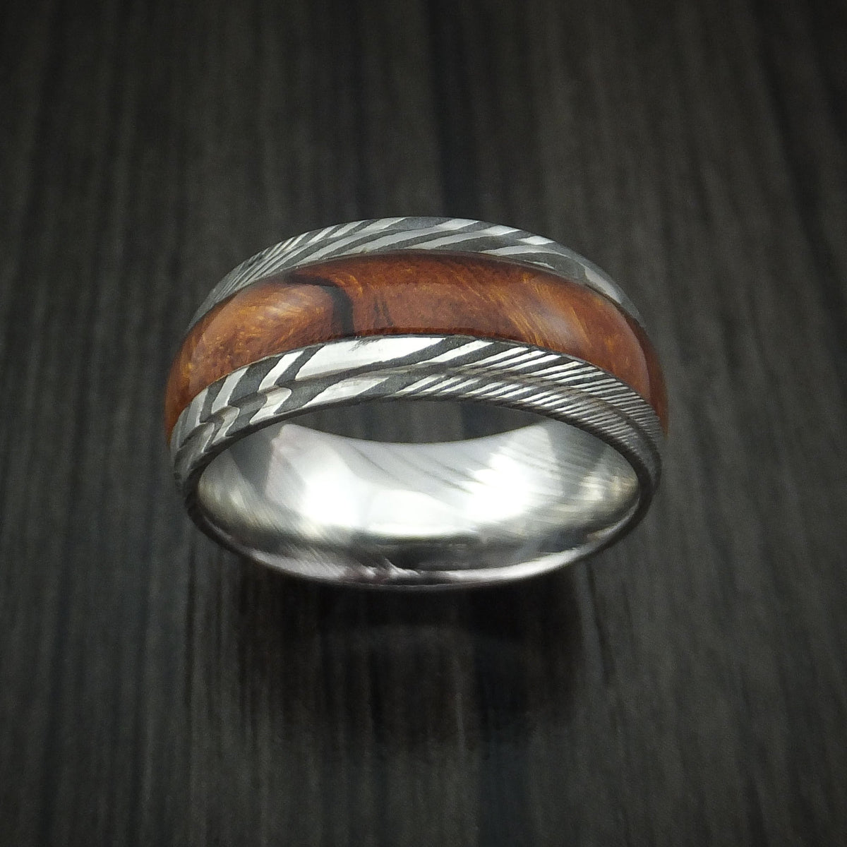 Aoraki XI - Damascus Steel Band with Desert Ironwood Burl Hardwood Inlay Men's Wedding Ring - view 2 - Nura Lab