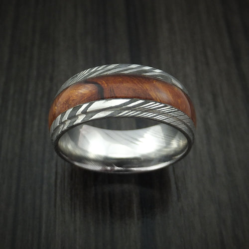Aoraki XI - Damascus Steel Band with Desert Ironwood Burl Hardwood Inlay Men's Wedding Ring - view 2 - Nura Lab