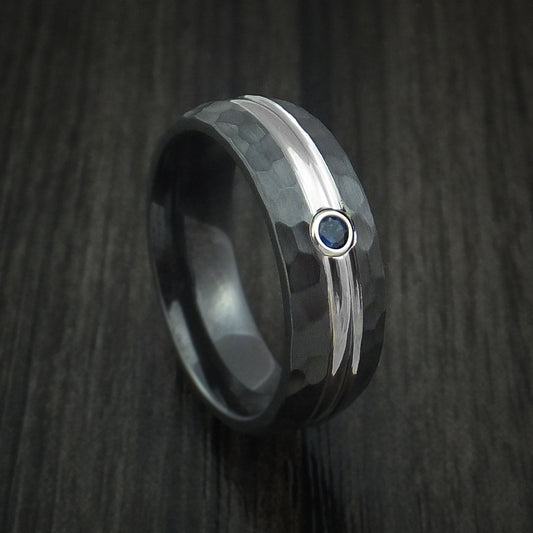 Monarch XVIII - Black Zirconium Men's Wedding Ring with Sapphire and Hammer Finish Band - Nura Lab