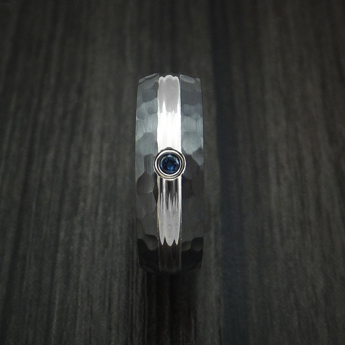 Monarch XVIII - Black Zirconium Men's Wedding Ring with Sapphire and Hammer Finish Band - view 3 - Nura Lab