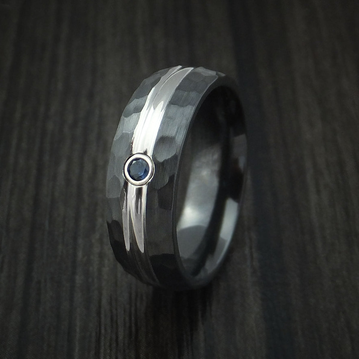 Monarch XVIII - Black Zirconium Men's Wedding Ring with Sapphire and Hammer Finish Band - view 4 - Nura Lab