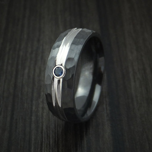 Monarch XVIII - Black Zirconium Men's Wedding Ring with Sapphire and Hammer Finish Band - view 4 - Nura Lab