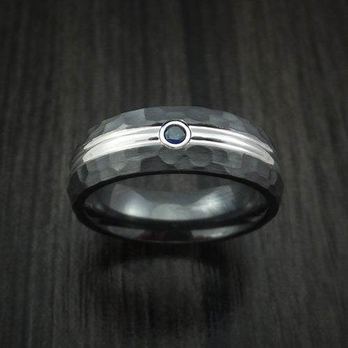 Monarch XVIII - Black Zirconium Men's Wedding Ring with Sapphire and Hammer Finish Band - view 2 - Nura Lab