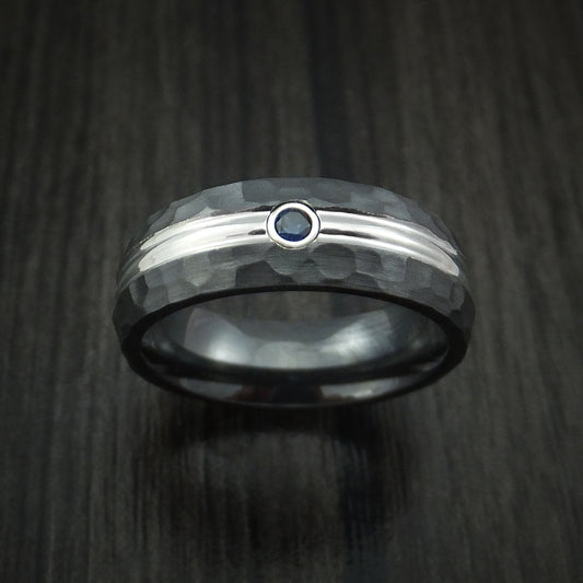 Monarch XVIII - Black Zirconium Men's Wedding Ring with Sapphire and Hammer Finish Band - view 2 - Nura Lab
