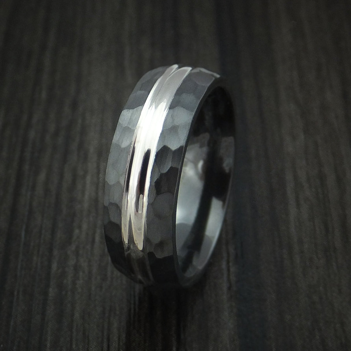 Regent XVIII - Black Zirconium Men's Wedding Ring with Hammer Finish Band - view 4 - Nura Lab