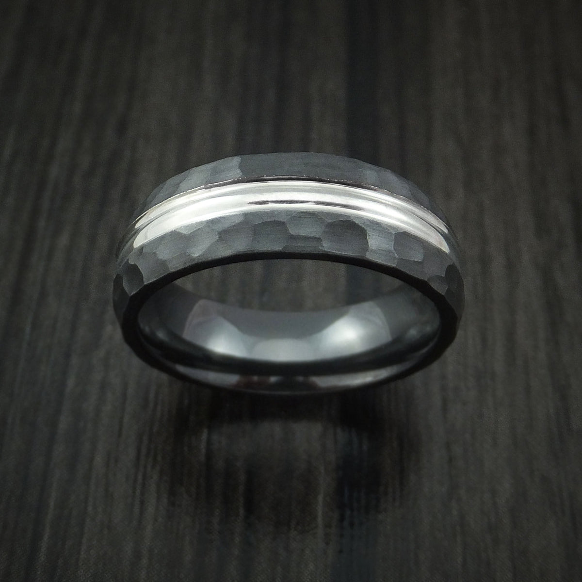 Regent XVIII - Black Zirconium Men's Wedding Ring with Hammer Finish Band - view 2 - Nura Lab