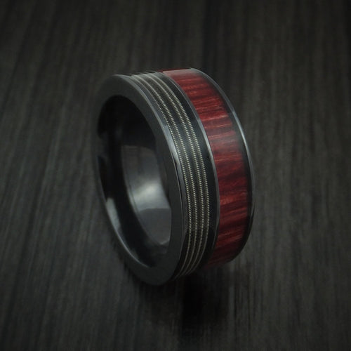 Kodiak XII - Black Zirconium Men's Wedding Ring with Guitar String and Red Heart Wood Inlays Band - Nura Lab